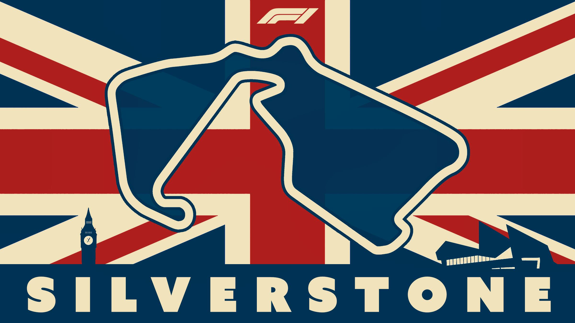 Silverstone's track layout, with the F1 logo above, 'Silverstone' written below, and silhouettes of the Big Ben and the Silverstone Wing, all with the Union Jack as the background.